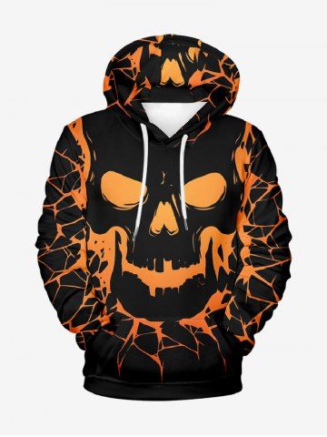 Plus Size Halloween Skull Spider Web Print Drawstring Pockets Hoodie - BLACK - 8XL