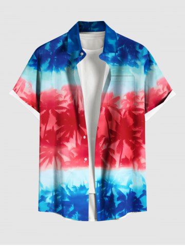 Plus Size Coconut Tree Colorblock Print Buttons Pocket Hawaii Shirt For Men - SKY BLUE - 5XL