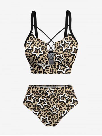 Leopard Stars Print Lace Up Tankini Swimsuit (Adjustable Shoulder Strap) - BLACK - 6X