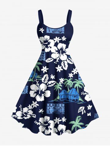 Plus Size Coconut Tree Hibiscus Flower Ethnic Graphic Print Hawaii A Line Tank Dress - NAVY BLUE - XS