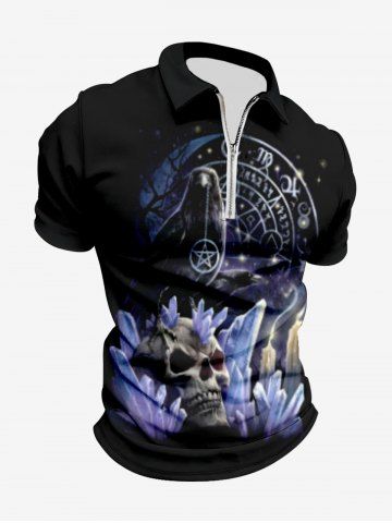 Plus Size Skull Candle Crow Divination Galaxy Print Zipper Turn-down Collar Polo Shirt For Men - BLACK - L