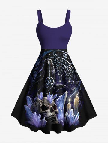 Plus Size Skull Candle Crow Divination Galaxy Print A Line Tank Dress - BLACK - 4X