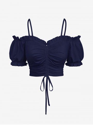 Plus Size Cinched Ruched Ruffles Cold Shoulder Cami Top - NAVY BLUE - 4X