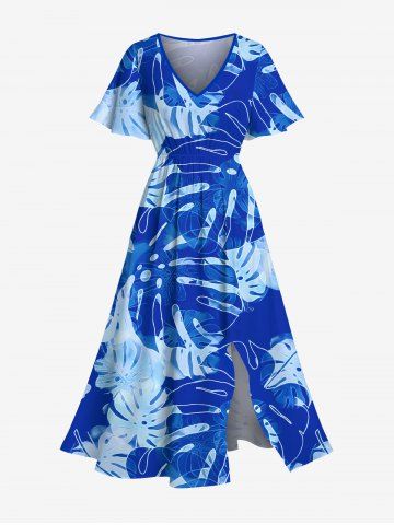 Plus Size Tropical Leaf Print Split Hawaii Midi Dress - SKY BLUE - XXS