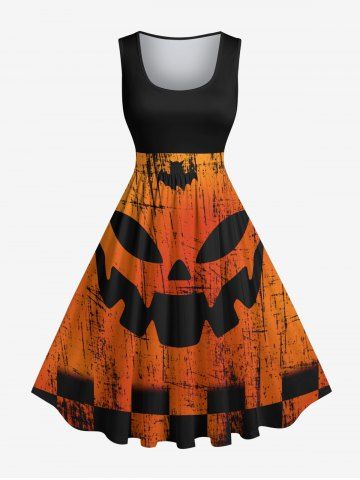 Plus Size Halloween Pumpkin Plaid Checkered Print 1950s Vintage Dress - BLACK - 6X