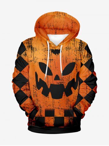 Plus Size Halloween Pumpkin Plaid Checkered Print Drawstring Pockets Hoodie For Men - ORANGE - 7XL