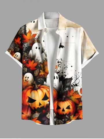 Plus Size Pumpkin Ghost Bat Maple Leaf Print Halloween Button Pocket Shirt For Men - WHITE - 6XL