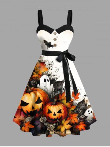 Plus Size Pumpkin Ghost Bat Maple Leaf Print Halloween Button A Line Dress with Removable Belt - WHITE - M