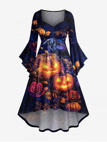 Plus Size Pumpkin Lantern Crow Rose Flower Print Halloween Ruched High Low Asymmetric Dress - BLACK - S