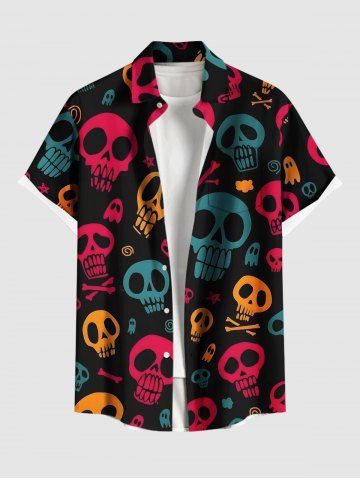 Plus Size Skull Star Bone Print Halloween Button Pocket Shirt For Men - BLACK - M