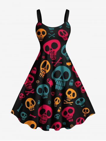 Plus Size Skull Star Bone Print Halloween A Line Tank Dress - BLACK - 2X