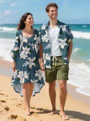 Flower Leaf Spotted Print Plus Size Matching Hawaii Beach Outfit For Couples -  
