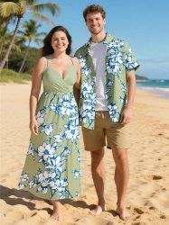 Tenue de plage hawaïenne assortie grande taille à imprimé tropical fleurs et feuilles pour couples - Vert 