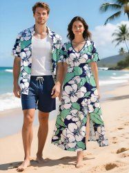 Hibiscus Flower Leaf Tropical Print Plus Size Matching Hawaii Beach Outfit For Couples -  