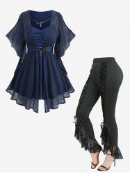 Chemisier froncé texturé en mousseline de soie avec ceinture et têtes de mort, bordure en résille, lacets, volants, pantalon évasé, tenue grande taille - Bleu profond 