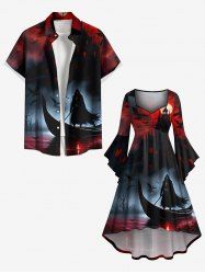 Halloween Wizard Boat Castle Bat Ombre Galaxy Print Plus Size Matching Outfit For Couples -  