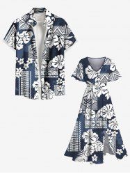 Tropical Leaf Hibiscus Flower Ethnic Graphic Print Plus Size Matching Hawaii Beach Outfit For Couples -  