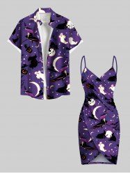 Halloween Pumpkin Wizard Ghost Moon Star Ombre Galaxy Print Plus Size Matching Outfit For Couples -  