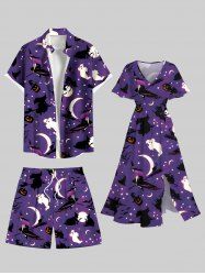 Halloween Pumpkin Wizard Ghost Moon Star Ombre Galaxy Print Plus Size Matching Outfit For Couples -  