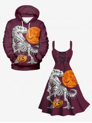 Halloween Pumpkin Dinosaur Skeleton Moon Bat Tree Print Plus Size Matching Outfit For Couples -  