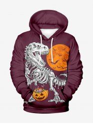 Plus Size Pumpkin Dinosaur Skeleton Moon Bat Tree Print Halloween Pullover Long Sleeves Hoodie For Men -  