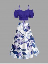 Ensemble assorti Hawaïen grande taille à imprimé fleurs et feuilles - Bleu Ciel 