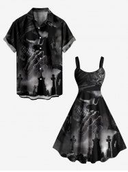 Halloween Skull Cross Crow Print Plus Size Matching Outfit For Couples -  