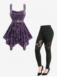 Pine Tree Butterfly Print Starfish Buckle Tank Top and Flocking Patchwork Skinny Leggings Plus Size Outfit -  