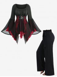 Haut à lacets froncé à ourlet tulipe, manches évasées et volants à la taille, pantalon large, tenue grande taille - Noir 