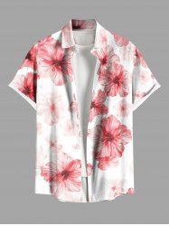 Plus Size Hibiscus Flowers Print Buttons Pocket Hawaii Shirt For Men -  