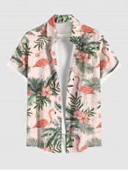 Plus Size Flamingo Hibiscus Flowers Tropical Leaf Coconut Tree Print Buttons Pocket Hawaii Shirt For Men -  