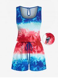 Plus Size Coconut Tree Colorblock Print Cinched Hawaii Romper -  