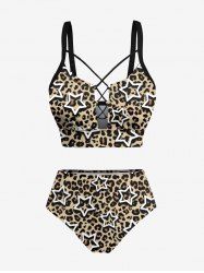 Leopard Stars Print Lace Up Tankini Swimsuit (Adjustable Shoulder Strap) -  