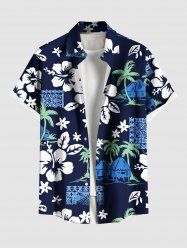 Chemise hawaïenne grande taille à imprimé ethnique avec poches boutonnées et motif cocotier et fleur d'hibiscus pour homme - Bleu Marine M