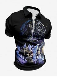 Plus Size Skull Candle Crow Divination Galaxy Print Zipper Turn-down Collar Polo Shirt For Men -  