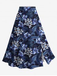 Plus Size Flowers Leaf Tropical Print Split Hawaii Skirt -  