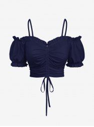 Haut caraco froncé à volants et épaules dénudées grande taille - Bleu Marine M