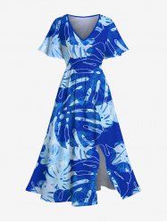 Robe mi-longue hawaïenne fendue à imprimé feuilles tropicales grande taille - Bleu Ciel M
