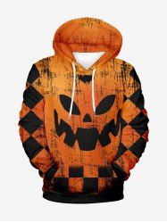 Plus Size Halloween Pumpkin Plaid Checkered Print Drawstring Pockets Hoodie For Men -  