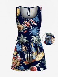 Plus Size Coconut Tree Hibiscus Flower Beer Conch Print Hawaii Drawstring Pocket Romper -  