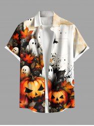 Plus Size Pumpkin Ghost Bat Maple Leaf Print Halloween Button Pocket Shirt For Men - Blanc M