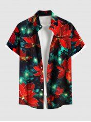 Plus Size Glitter Leaf Flower Print Hawaii Button Pocket Shirt For Men -  