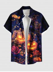 Plus Size Pumpkin Lantern Crow Rose Flower Print Halloween Button Pocket Shirt For Men -  