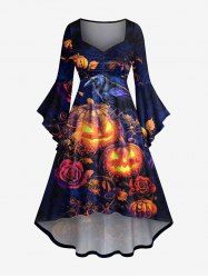 Plus Size Pumpkin Lantern Crow Rose Flower Print Halloween Ruched High Low Asymmetric Dress -  