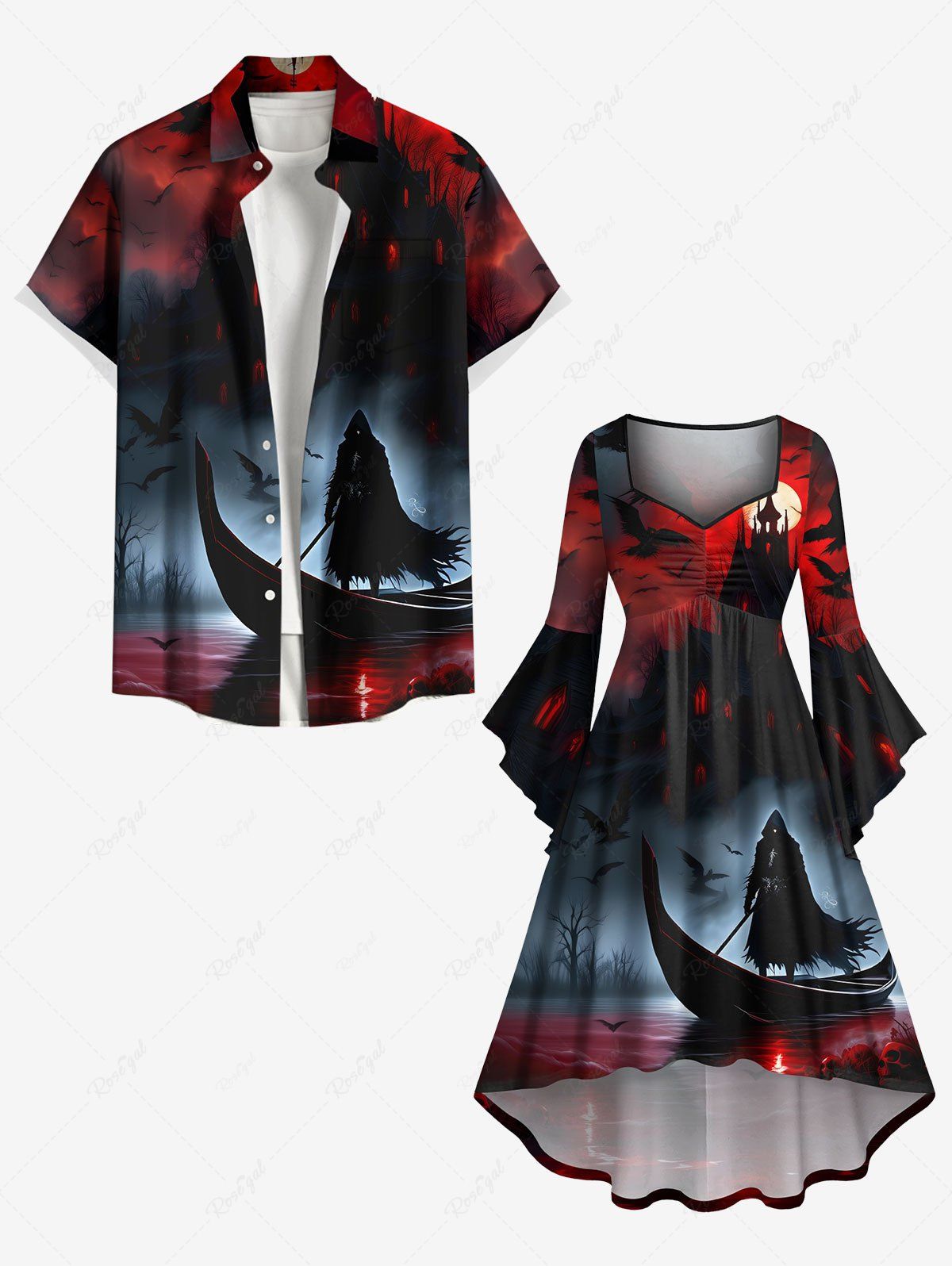 Sale Halloween Wizard Boat Castle Bat Ombre Galaxy Print Plus Size Matching Outfit For Couples  