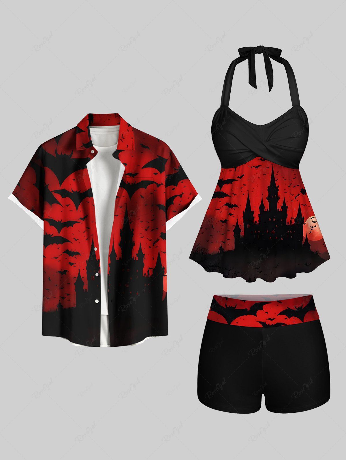 Maillot de bain imprimé chauve-souris, lune et château pour Halloween, grande taille, tenue assortie pour couples Noir 