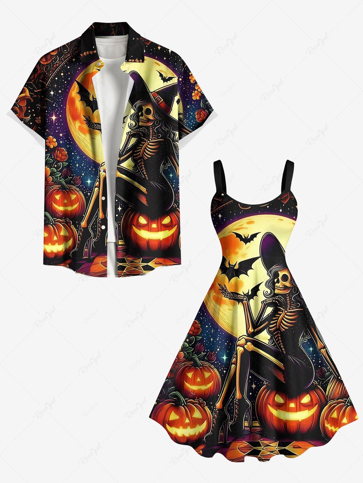Outfit Halloween Pumpkin Skeleton Wizard Bat Moon Galaxy Print Plus Size Matching Outfit For Couples  