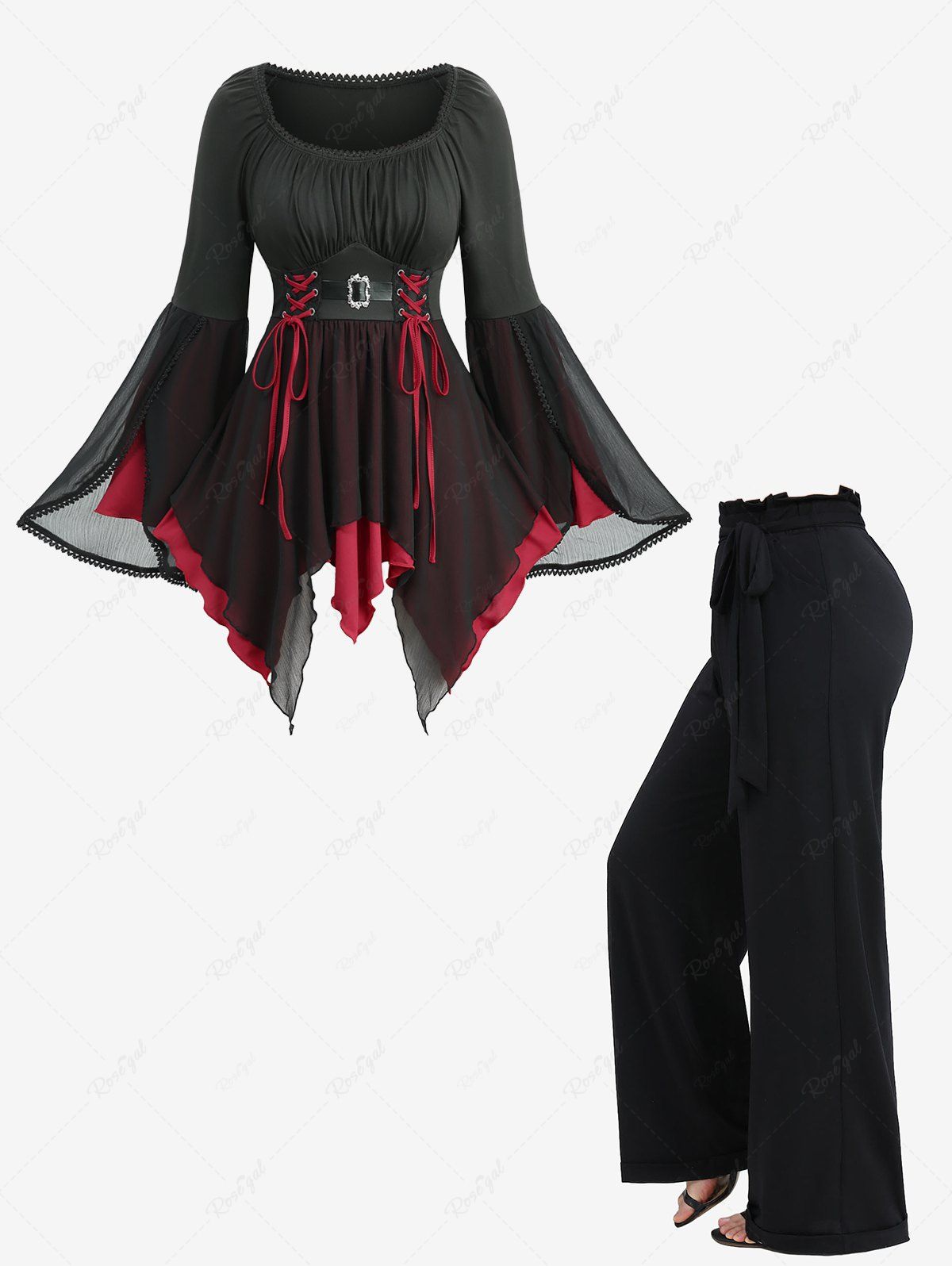 Haut à lacets froncé à ourlet tulipe, manches évasées et volants à la taille, pantalon large, tenue grande taille Noir 