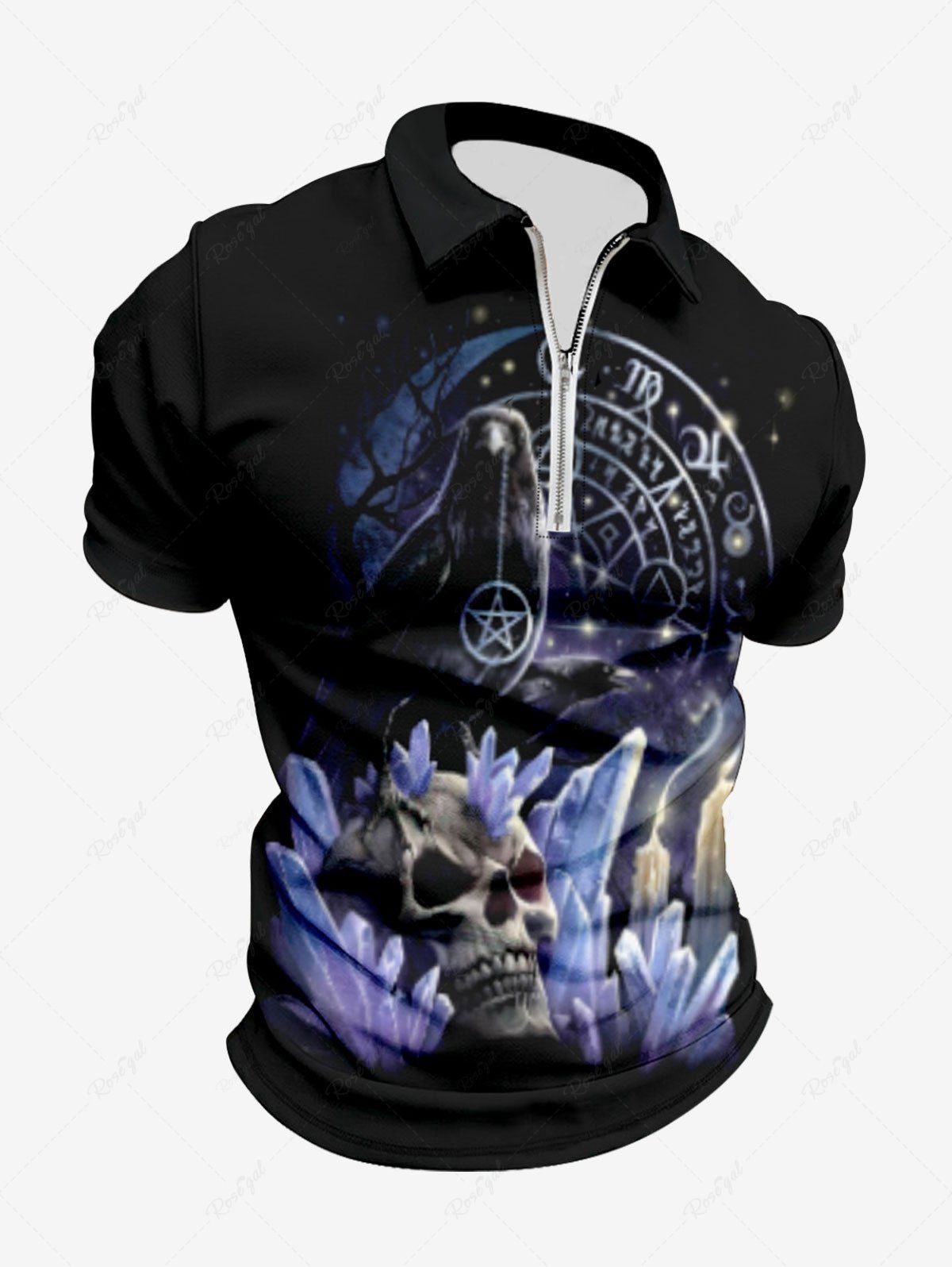 Online Plus Size Skull Candle Crow Divination Galaxy Print Zipper Turn-down Collar Polo Shirt For Men  