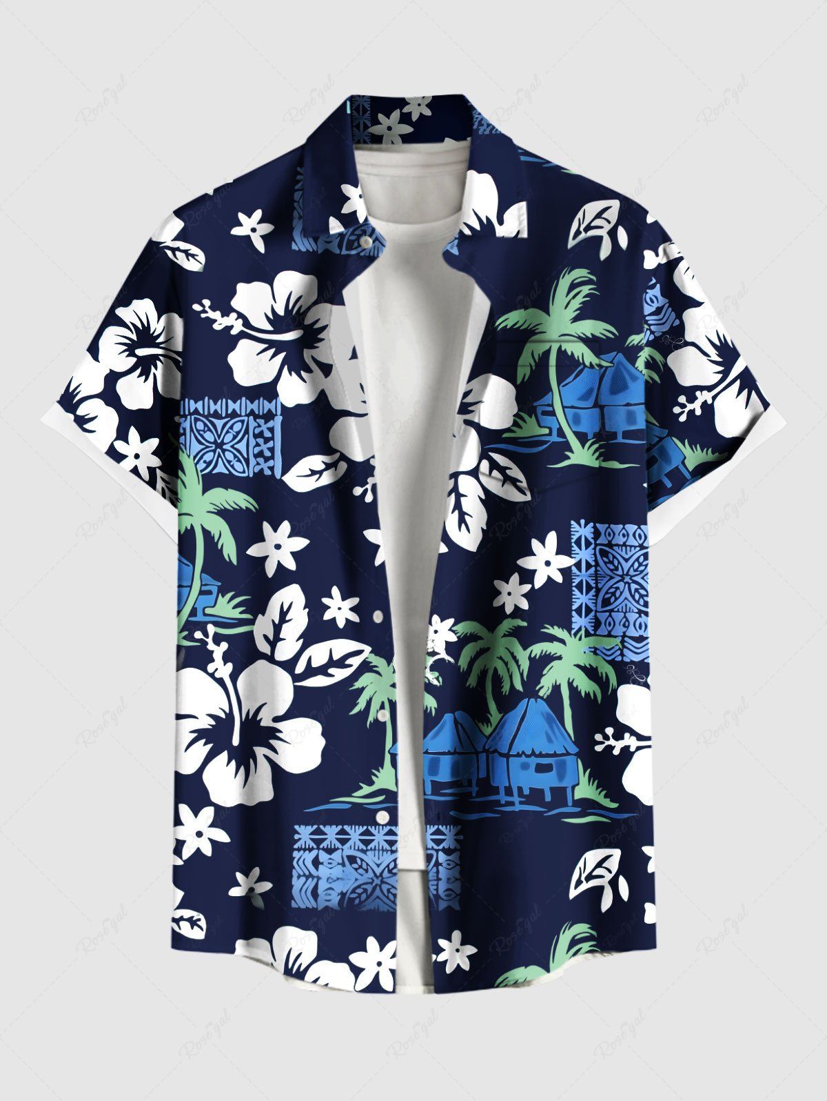 Chemise hawaïenne grande taille à imprimé ethnique avec poches boutonnées et motif cocotier et fleur d'hibiscus pour homme Bleu Marine M